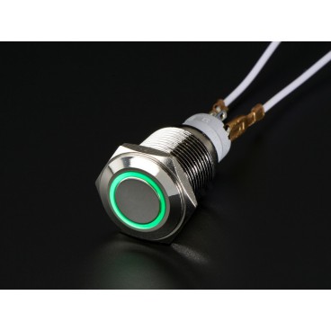 Bouton poussoir chrome avec anneau LED vert - 16mm