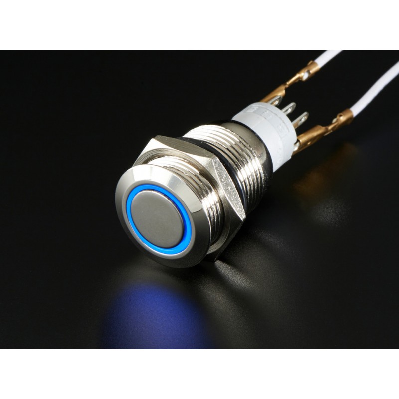Bouton poussoir chrome avec anneau LED bleu - 16mm - Boutique Semageek