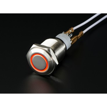 Bouton poussoir chrome avec anneau LED rouge - 16mm