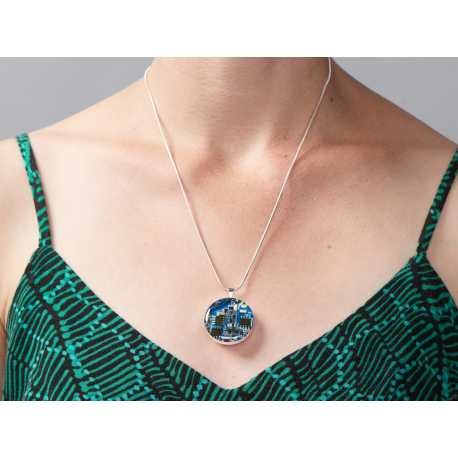 Collier pendentif circuit imprime bleu avec chaine en argent
